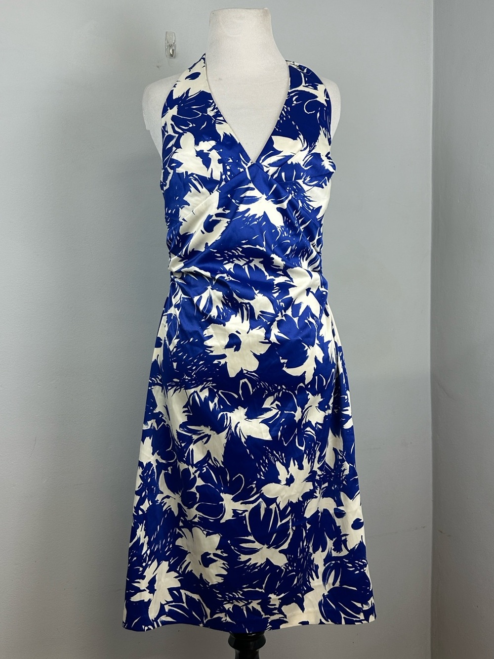 NWOT Donna Ricco Petite Satin Blue and White Midi Halter Dress Sz 8P